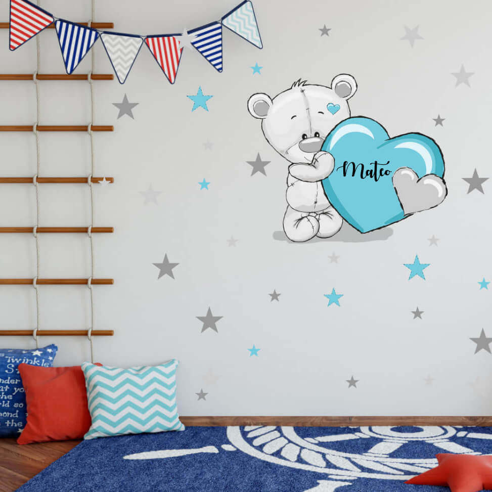 Autocolantes de parede para crianças, ursinho azul com estrelas e o nome