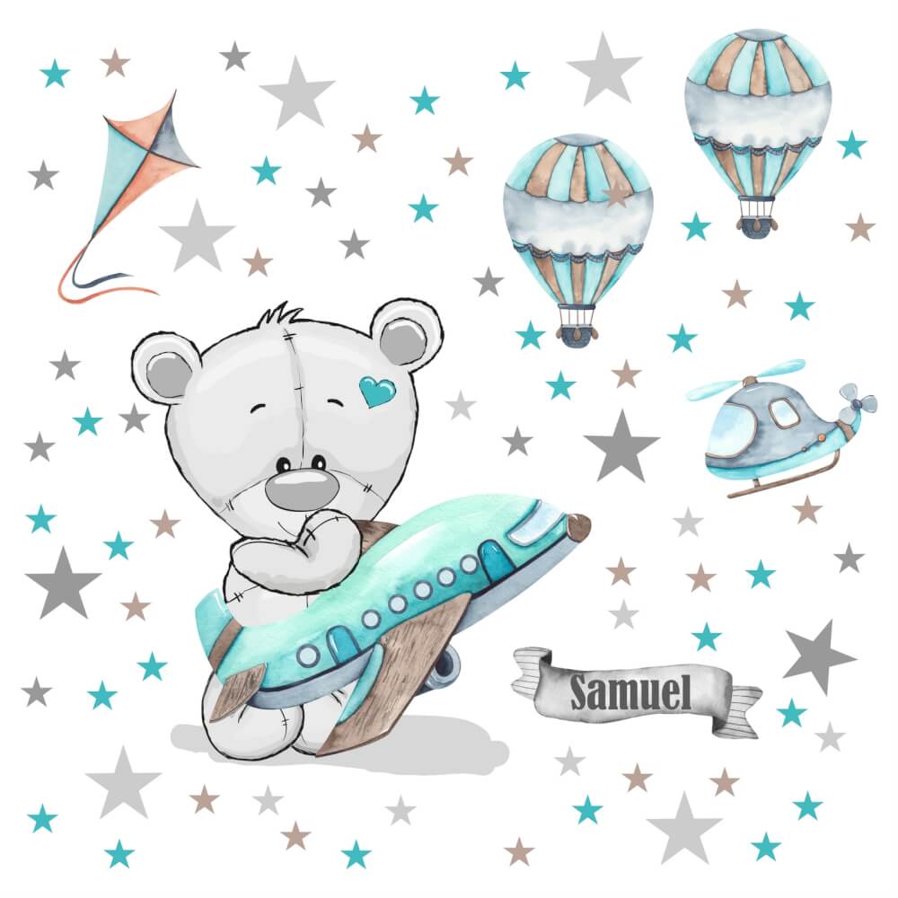 Autocolantes de parede para meninos - Urso de peluche com um avião e balões