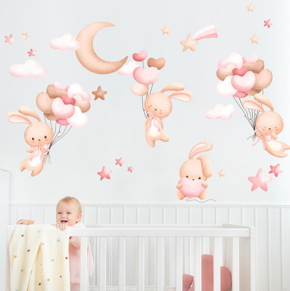 Papel de parede autoadesivo para bebés - Coelhinhos com balões cor-de-rosa