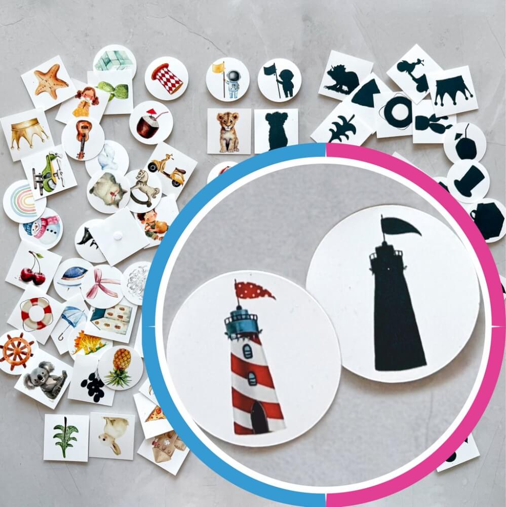 90 Cartões - Atribuir sombras - Cartões Montessori